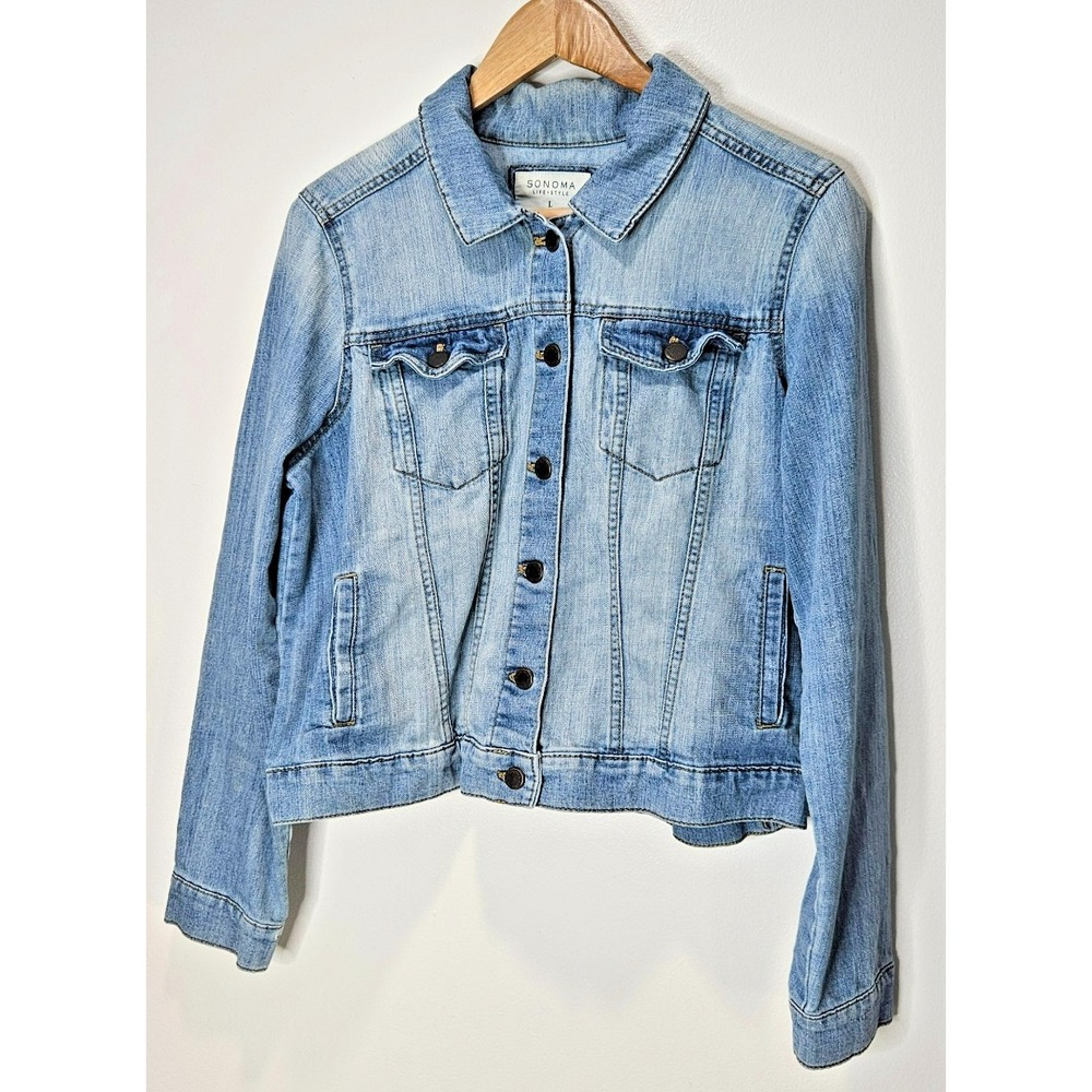 Sonoma Life + Style Womens Medium Wash Blue Denim Trucker Jacket Size L Stretch